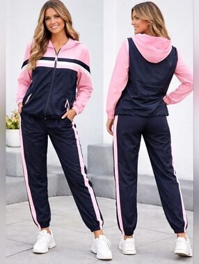 CXT Classics 2pc Women’s Pink & Navy Athletic Track Jacket and Pants Set Size MP